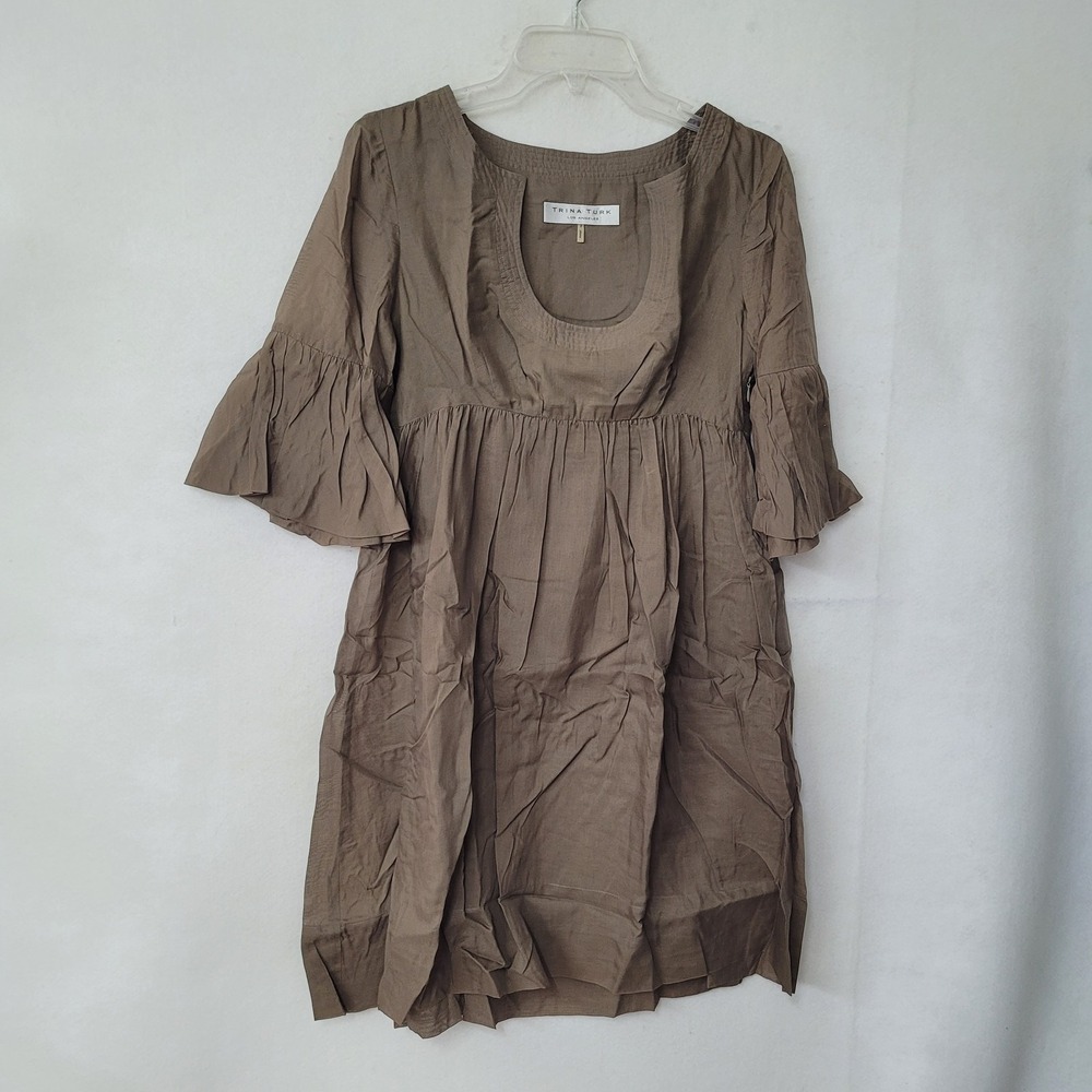 Trina Turk Brown Cotton Silk Empire‎ Waist Bell Sleeve Babydoll Dress Size 2